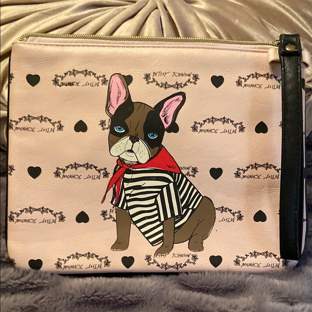 Betsey Johnson Pink and Black French Bulldog Padded Clutch Zipper Wristlet